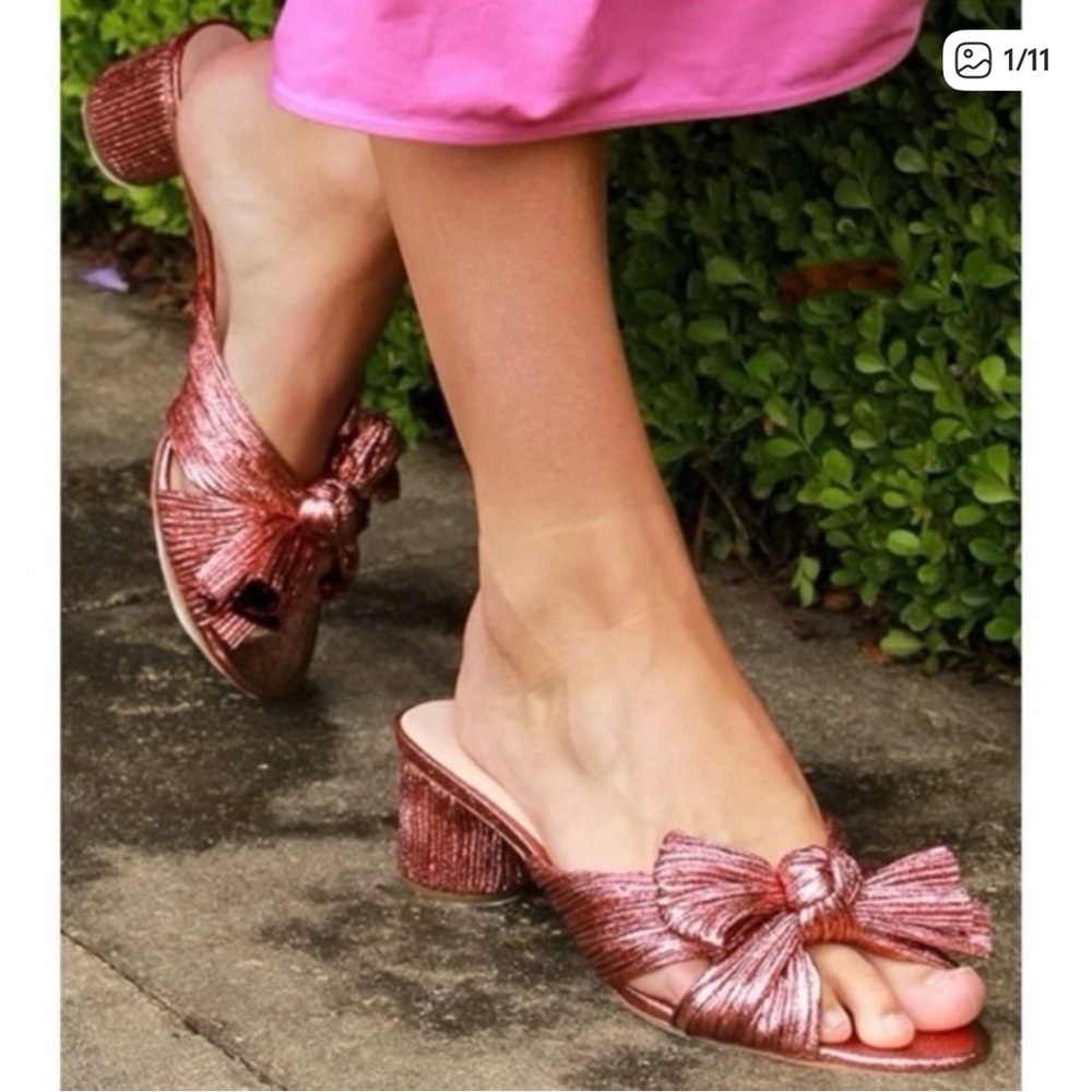 Loeffler Randall Emilia Metallic Rose Pleated Bow Heel size 9.5 NWOB